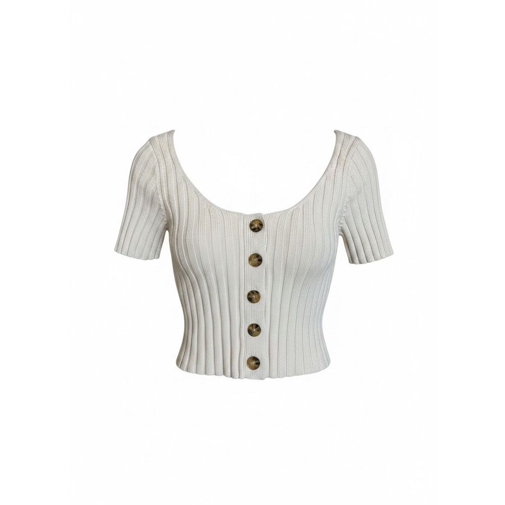 Forever 21 Ribbed Knit Crop‎ Top Sweater Cream Button Front Short Sleeve Small